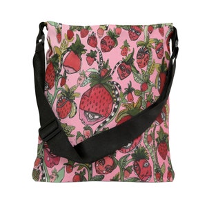 Bolso tote ajustable con diseño original de fresas en bolsas reutilizables. Divertido diseño de fresas para la escuela, el gimnasio, la playa, el supermercado o como bolso para pañales. imagen 2