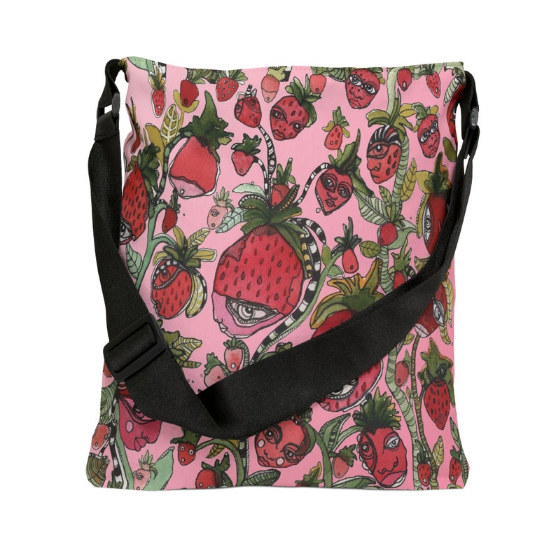 Bolso tote ajustable con diseño original de fresas en bolsas reutilizables. Divertido diseño de fresas para la escuela, el gimnasio, la playa, el supermercado o como bolso para pañales. imagen 2