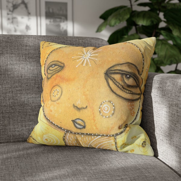 Pillow Cushion Cover Artwork Yellow Sweet Cute Whimsical Dreamy Art for Eclectic Bedroom Couch Sofa Bed Interior Designer Artistic Pillows