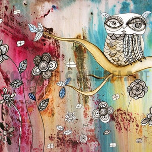 May include: A whimsical watercolor painting featuring a stylized owl perched on a branch with a colorful background of flowers and abstract shapes.