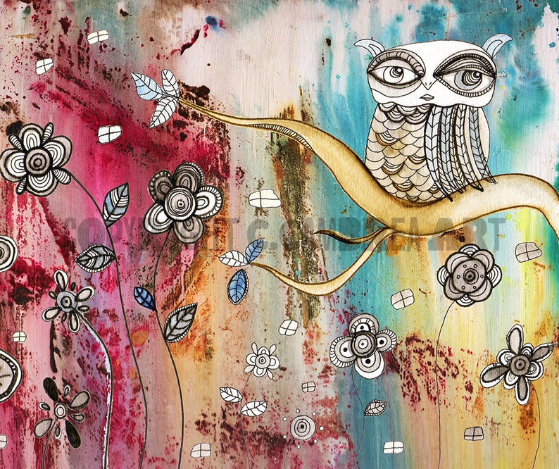 May include: A whimsical watercolor painting featuring a stylized owl perched on a branch with a colorful background of flowers and abstract shapes.