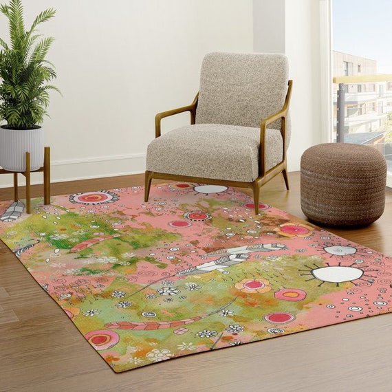 Green Floral Area Rug, for Living Room, Boho Floor Rug, Soft Bedroom Carpet,  Colorful Floor Floral Pattern, Home Decor, Traditional Art Rug 