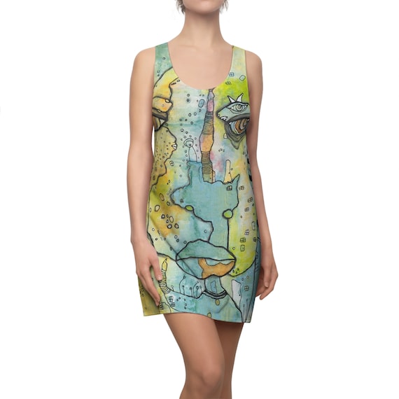 Mini Racerback Dress Original Art Face Fashion Print Women's Beach Sun Tank Dresses Clothing Goth Rocker Bizarre Weird Ladies Accessories