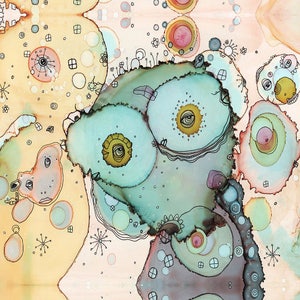 May include: Abstract painting with a colourful, organic design. The painting features a variety of shapes and colours, including circles, swirls, and dots. The colours are mostly muted, with shades of blue, green, pink, and yellow. The painting has a whimsical and playful feel.
