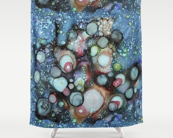Shower Curtain Blue Galaxy design organic art shower curtain watercolor painted artist bathroom unique home decor blue bathroom accessories