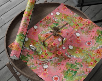 Wrapping Paper | Pink Boho Feathers Flowers Gift Wrap, Floral Colorful Original Art