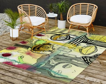 UNUSUAL OUTDOOR Rugs Colorful Abstract Art Rug Fun Artist Area Rugs Patio Decor Throw Rug Art Carpets Outside Rug Psychedelic Faces Art Rug