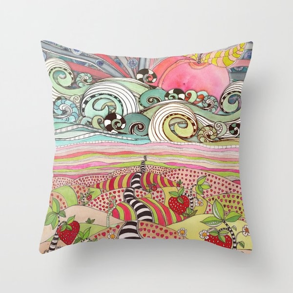 STRAWBERRY FIELDS Watercolor Pillow Cover Washable Artist Throw Pillows Colorful Strawberries Beach Ocean Waves Artwork Beach House Ideas