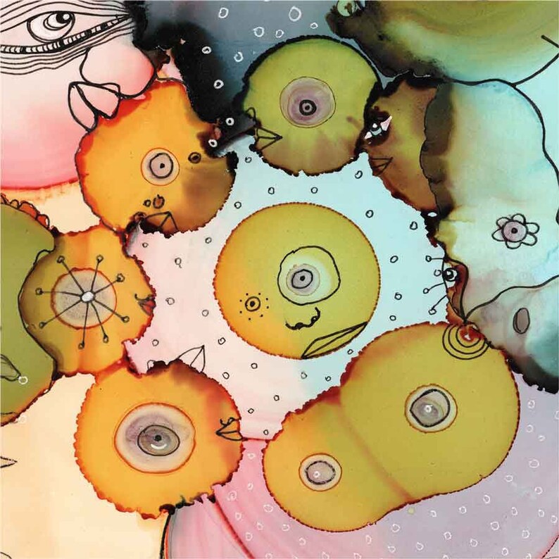 May include: Abstract art piece featuring a collection of yellow, orange, and green organic shapes with black line details. The artwork includes circular forms with eye-like features and whimsical faces, set against a soft, multi-colored background.