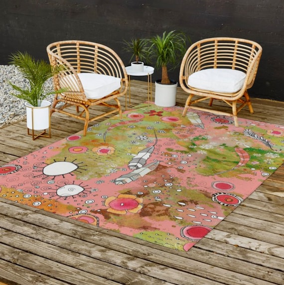 OUTDOOR BOHO Rug Carpet Floral Colorful Art Artist Feathers Area Rugs Patio Decor Welcome Rug Carpet Outside Abstract Flowers Carpet