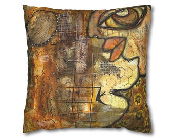 Pillow Cover | Original Neutral Painting with Bird and Golden Moon | Artsy Eclectic Throw Pillows