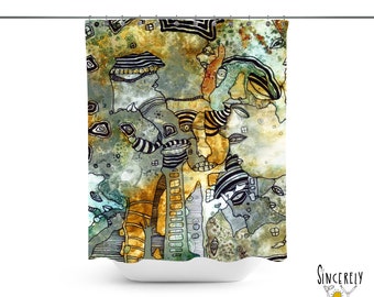 Maximalist Abstract Shower Curtain Unique Art Unusual Artwork on Bath Accessories Intuitive Painting for Eccentric Bathroom Designs Curtains