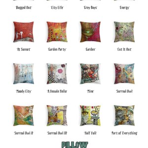 May include: A collection of 12 colourful pillow cases with various abstract designs and titles. The pillow cases are arranged in a grid pattern. The title of the collection is "PILLOW CASES by C. CAMBRA".