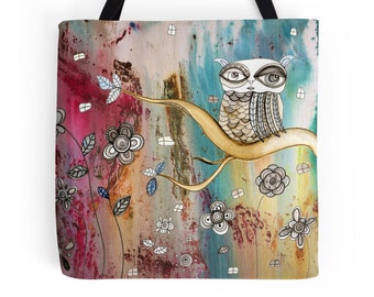 Owl tote bag boho Style bag surreal owl art tote original mixed media painting artist tote bohemian tote owl accessories owl computer bag