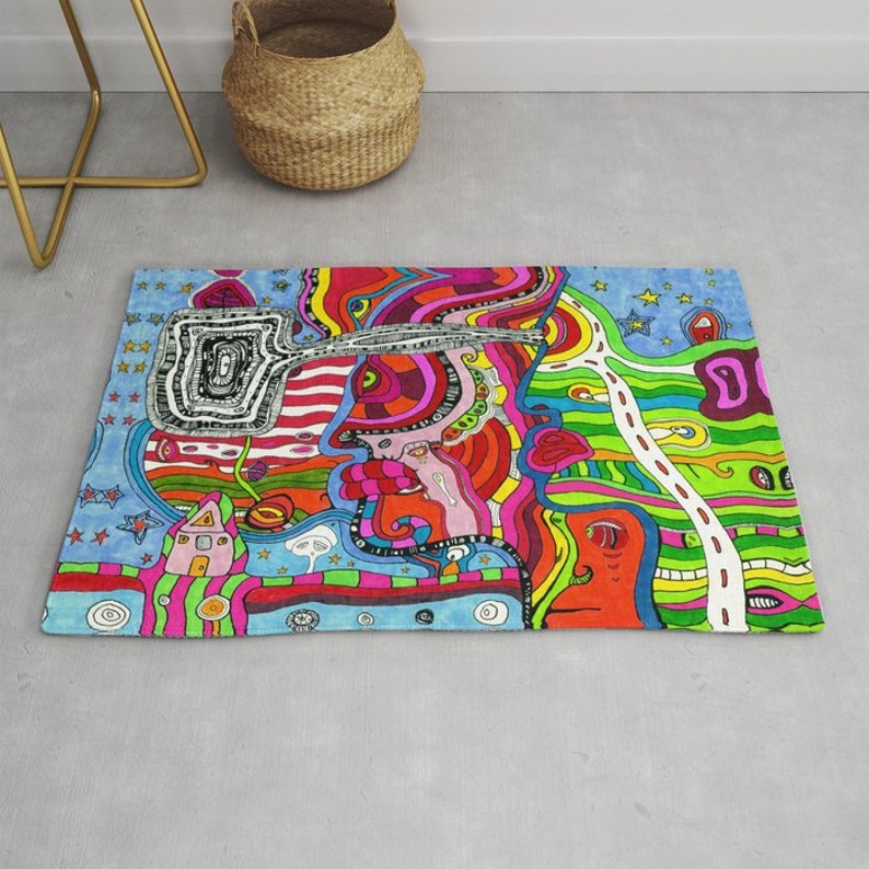 Area Rug Psychedelic Trippy Carpets Colorful Fun Eclectic Outsider Art Abstract Throw Rug Unique Maximalist Funky Fun Weird Floor Dorm Decor image 4