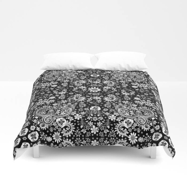 Floral Duvet Cover Black White Bedroom Set Flowers Birds Art Etsy