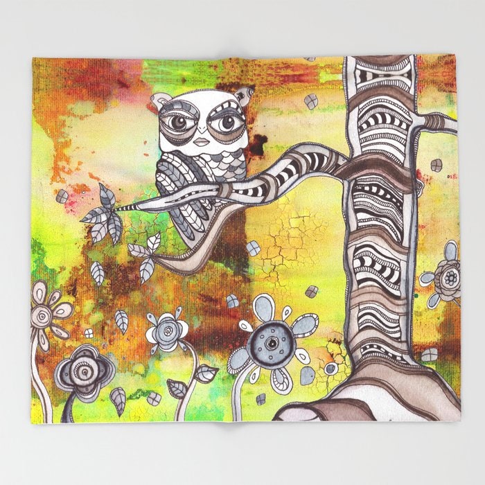 Bohemian Owl Art Fleece Blanket Colorful Owls Painting Original Artwork Blankets Warm Fleece Blanket