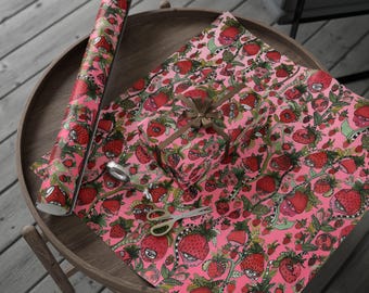 Strawberry Pattern Wrapping Paper | Pink Fruit Gift Wrap, Floral Berries | OriginalArt with Strawberries Faces