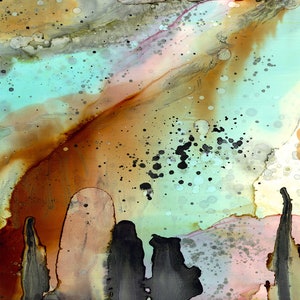 May include: Abstract painting with a teal, brown, and black color scheme. The painting features a variety of shapes and textures, including circles, lines, and splatters.