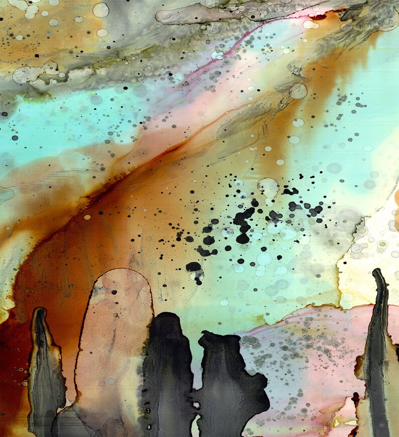 May include: Abstract painting with a teal, brown, and black color scheme. The painting features a variety of shapes and textures, including circles, lines, and splatters.