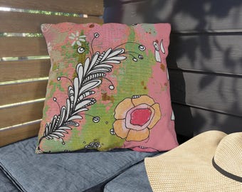 Outdoor Pillows | Original Pink Boho Feathers Artwork | Fun Patio Cushions