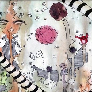 May include: Abstract watercolor painting with a whimsical, colorful design. The painting features a variety of shapes, including circles, squares, and lines. The colors are bright and vibrant, and the overall effect is playful and energetic.