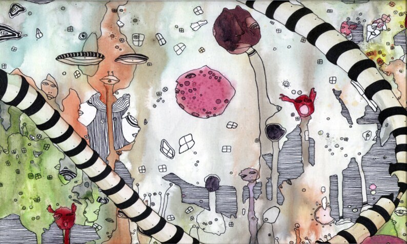 May include: Abstract watercolor painting with a whimsical, colorful design. The painting features a variety of shapes, including circles, squares, and lines. The colors are bright and vibrant, and the overall effect is playful and energetic.