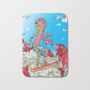 May include: A colorful illustration of a person riding a surfboard with a pink, yellow, and blue patterned swimsuit. The person has a blue face with a pink nose and a pink and yellow patterned tail. The surfboard is brown and has a blue and white wave pattern. The background is blue with white clouds.