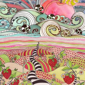 May include: A whimsical watercolor painting of a landscape with a pink apple in the sky, green and blue swirls, and a winding black and white path leading through a field of red strawberries.
