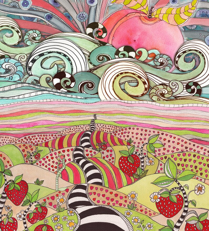 May include: A whimsical watercolor painting of a landscape with a pink apple in the sky, green and blue swirls, and a winding black and white path leading through a field of red strawberries.