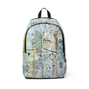 May include: A backpack featuring an abstract art design in shades of green, blue, and brown with black outlines. The design has a whimsical, artistic feel. The backpack has a black handle and a black zip.
