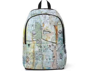 Peut inclure: Un sac à dos orné d'un motif d'art abstrait. L'œuvre d'art présente un mélange de teintes vertes, bleues et marron avec des contours noirs, créant une esthétique fantaisiste et artistique. Le sac à dos a une poignée et une fermeture éclair noires.