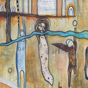 Puede incluir: Una pintura caprichosa con una combinaci&oacute;n de colores azul, verde y marr&oacute;n. La pintura presenta tres figuras, una con un vestido largo y fluido y dos con cuerpos largos y delgados. Las figuras est&aacute;n rodeadas de una variedad de formas y patrones abstractos.
