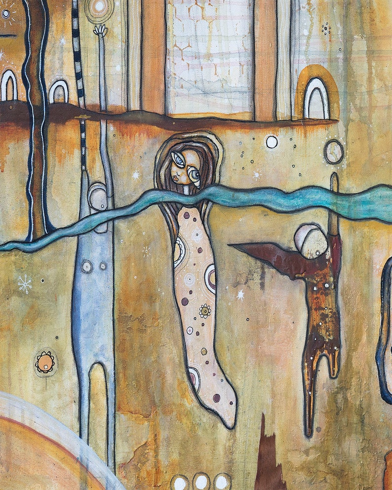 Puede incluir: Una pintura caprichosa con una combinaci&oacute;n de colores azul, verde y marr&oacute;n. La pintura presenta tres figuras, una con un vestido largo y fluido y dos con cuerpos largos y delgados. Las figuras est&aacute;n rodeadas de una variedad de formas y patrones abstractos.