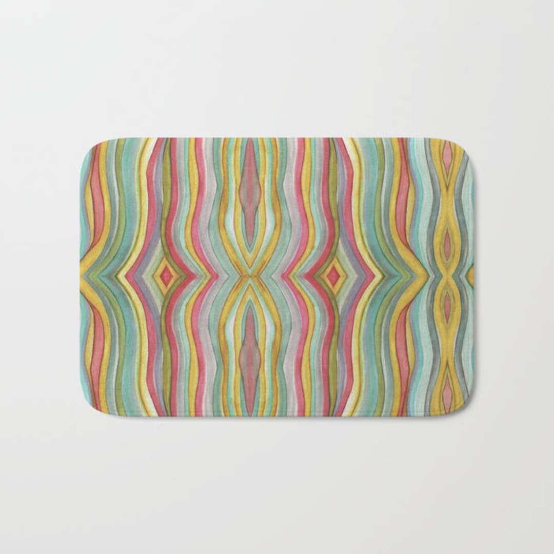 Colorful Rainbow Striped Bohemian Bath Mat Abstract Microfiber Mat Boho