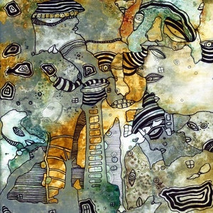 May include: Abstract watercolor painting with black and white lines and shapes. The painting features a variety of organic forms, including eyes, circles, and stripes. The colors are muted and earthy, with shades of brown, green, and blue.