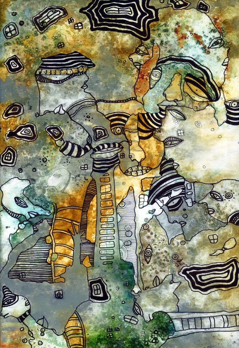 May include: Abstract watercolor painting with black and white lines and shapes. The painting features a variety of organic forms, including eyes, circles, and stripes. The colors are muted and earthy, with shades of brown, green, and blue.