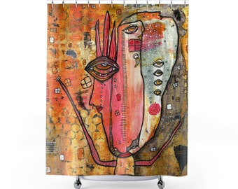 Fun Shower Curtain Colorful Abstract Creature Art Bathroom Decor Accessories Unique Artwork Whimsical Unusual Artist Fabric Bath Curtains
