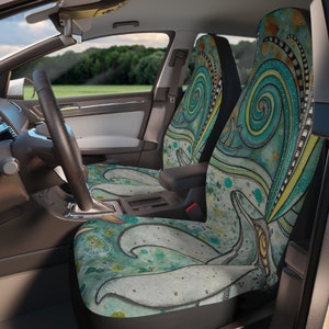 Whale Car Seat Covers Ocean Theme Under the Sea Artwork SUV Vehicle Seat Covers Colorful Designer Hippy Vibe Boho Beach Bum Car Accessories