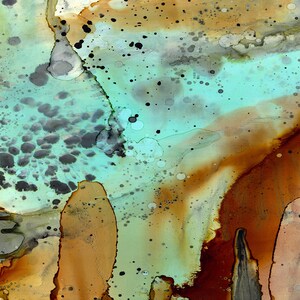 May include: Abstract art painting with a teal, brown, and gray color scheme. The painting features a variety of shapes and textures, including circles, swirls, and splatters.