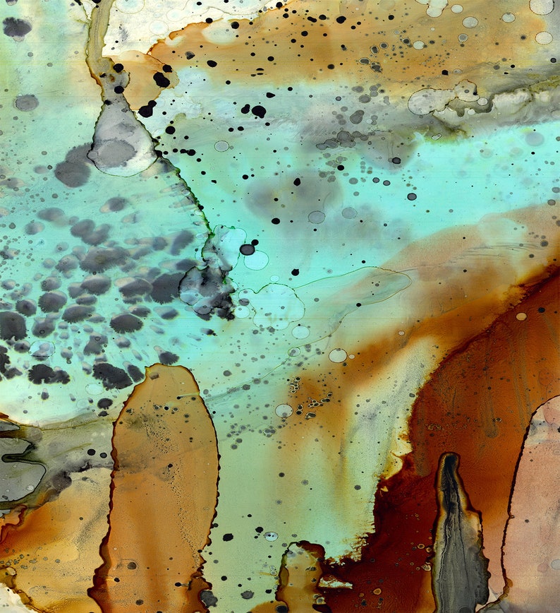May include: Abstract art painting with a teal, brown, and gray color scheme. The painting features a variety of shapes and textures, including circles, swirls, and splatters.