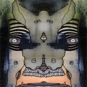 May include: A watercolor painting of a symmetrical, abstract face with black and white stripes, two large eyes, and a gray background.