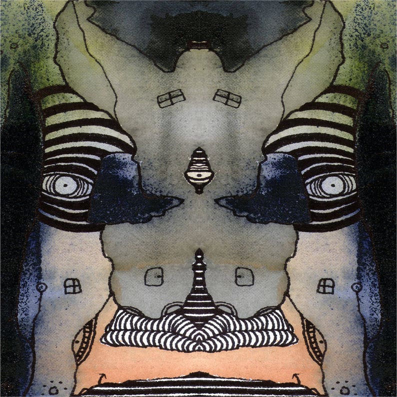 May include: A watercolor painting of a symmetrical, abstract face with black and white stripes, two large eyes, and a gray background.