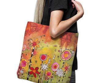 Floral mixed media painted abstract tote bag art floral beach bag watercolor tote bag colorful gym bag school bag grocery bag computer bag