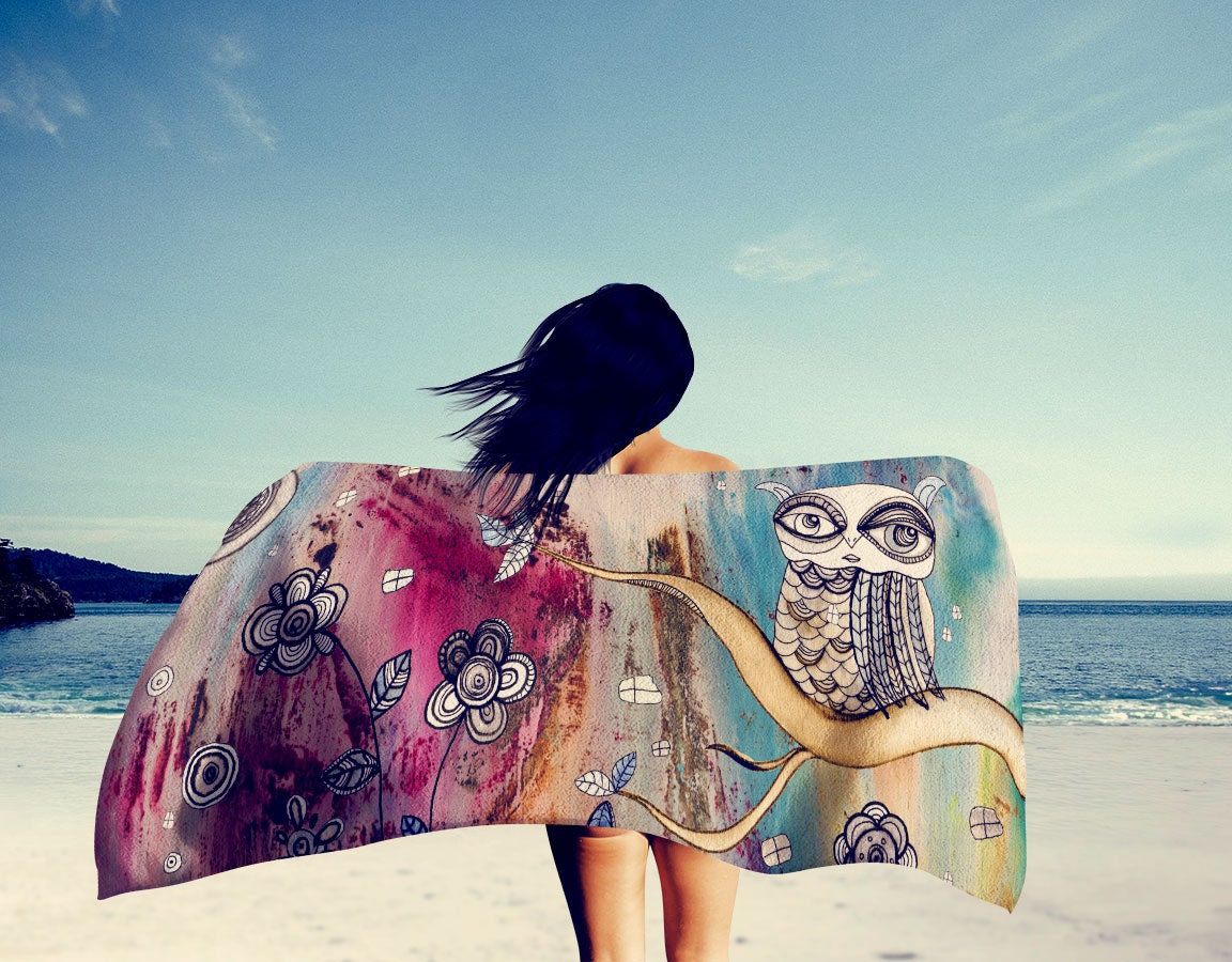 Beach Accessories Abstract Surreal Owl Bath Towel Art Bohemian artist towels bathroom decor boho bea