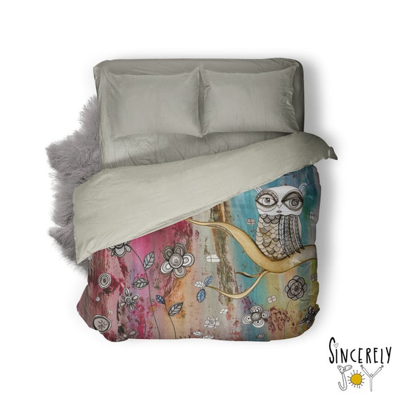 Designer Owl Duvet Cover Bedding Colorful Boho Art Bohemian Owl Bedroom Decor Duvet Cover Abstract Owls Art Unique Colorful Bedroom Bedding