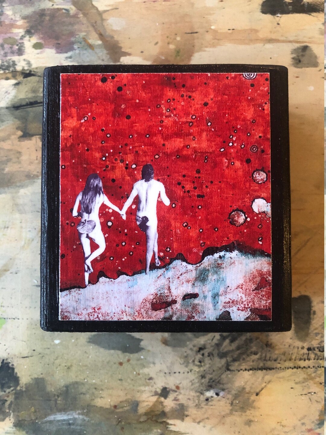 Handmade Lovers Wood Block Artist Print Sweet Anniversary Wedding Gift