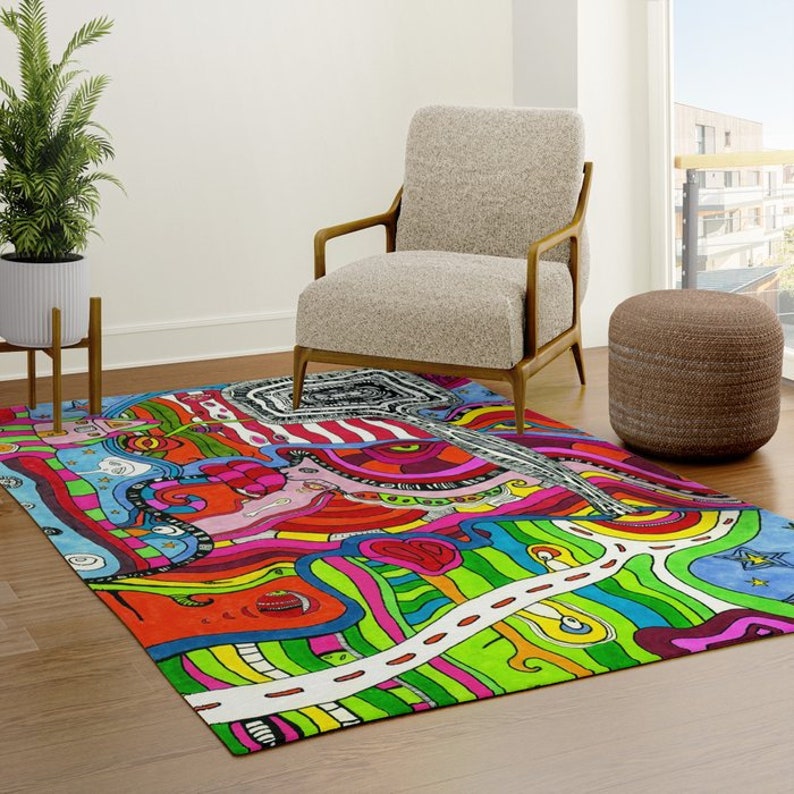 Area Rug Psychedelic Trippy Carpets Colorful Fun Eclectic Outsider Art Abstract Throw Rug Unique Maximalist Funky Fun Weird Floor Dorm Decor image 3