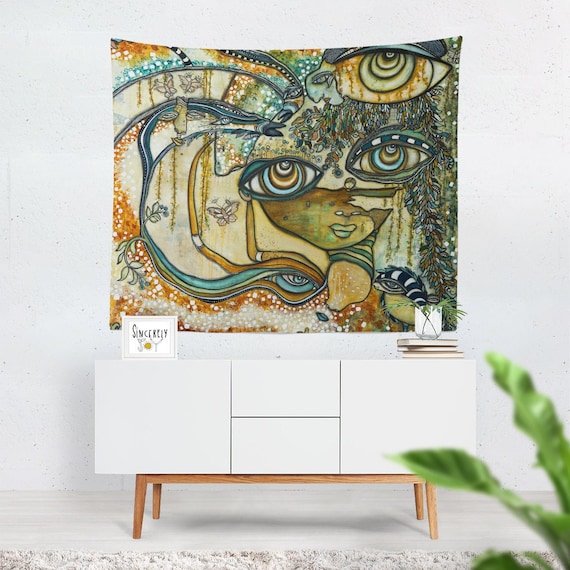 Neutral Tapestry Wall Art Love Birds Floral Big Eyes Face Wall Hanging Large Intuitive Abstract Tapestries Unique Original Artist Design Etsy