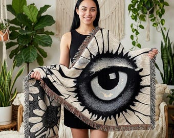 Woven Blanket with Abstract Eye and Sunflowers for Floral Living Room Sofa, Couch Throws, Bed Covers. Soft snuggles